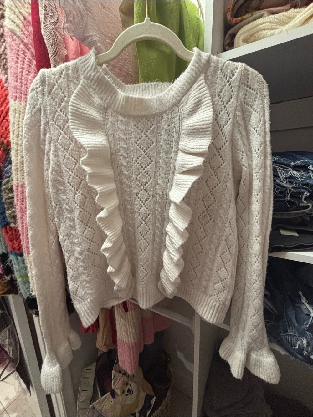 Francesca's Collections Cream Ruffle-Front Knit Sweater